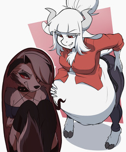 angry anthro anthro_pred anthro_prey bangs belly belt big_belly big_breasts black_eyelids blouse breasts chest_tuft clenched_teeth clothing collar duo female female/female female_pred female_prey forced hair hair_over_eye hand_on_leg hand_on_own_belly hand_on_thigh inside_stomach internal legwear medium_breasts one_eye_obstructed open_belt organs ponytail same_size_vore shoulderless_shirt spiked_collar spikes stomach straight_bangs teeth thigh_highs topwear tuft unbuttoned under_boob unwilling_prey vore starcrossing hellaverse helltaker helluva_boss mythology goat_lucifer_(helltaker) loona_(helluva_boss) bovid canid canid_demon canine canis caprine caprine_demon demon goat goat_demon hellhound mammal mythological_canine mythological_creature crossover digital_media_(artwork) hi_res