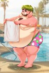 anthro beard belly big_belly body_hair bottomwear brown_beard brown_facial_hair chest_hair clothed clothing facial_hair floppy_ears glistening glistening_eyes green_hair hair huge_belly male moobs mouth_closed outside overweight overweight_anthro overweight_male pattern_bottomwear pattern_clothing photo_background pink_body pink_bottomwear pink_clothing puddle short_hair solo standing topless towel wet wet_body white_body tiggybloom lagomorph leporid mammal rabbit hi_res photography_(artwork)