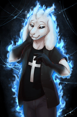 anthro clothed clothing cross fangs fire horn looking_at_viewer magic male smile solo teeth hvost undertale undertale_(series) dark_(character) fan_character boss_monster_(undertale) bovid caprine mammal hi_res