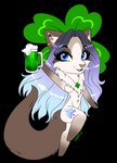alcohol alpha_channel beer beverage blue_eyes blue_hair brown_body brown_fur canid canine clover_(plant) female four_leaf_clover fur hair hi_res looking_at_viewer mammal michelle_(disambiguation) nude plant raccoon_dog tanuki tattoo white_body white_fur