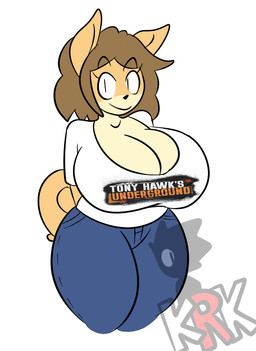 anthro big_breasts blue_bottomwear blue_clothing blue_pants bottomwear breasts brown_hair cleavage closed_smile clothed clothed_anthro clothed_female clothing countershade_face countershading eyebrow_through_hair eyebrows eyelashes female fur hair huge_breasts logo mouth_closed pants shirt simple_background smile solo t-shirt tail tan_body tan_fur topwear translucent translucent_hair white_background white_clothing white_shirt white_t-shirt white_topwear kingretrokirby tony_hawk's_underground june_(jinu) canid canine canis domestic_dog mammal shiba_inu spitz 2018 artist_logo digital_drawing_(artwork) digital_media_(artwork) english_description portrait three-quarter_portrait