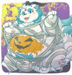 anthro balls belly big_balls blue_body blue_eyes blush clothing costume genitals halloween_costume hat headgear headwear holidays kemono male moobs mummy_costume mummy_wrappings nipples obese obese_male overweight overweight_male sitting solo tongue tongue_out white_body hamatnk asian_mythology east_asian_mythology halloween japanese_mythology lifewonders mythology tokyo_afterschool_summoners agyo_(tas) foo_dog komainu mammal yokai 2021 hi_res