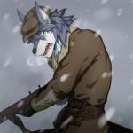 action_pose anthro black_nose clothed clothing fangs fur green_eyes grey_body gun hat headgear headwear looking_at_viewer male open_mouth pose ranged_weapon side_view snow solo teeth tongue weapon white_body white_fur skarltano fate_(series) type-moon patxi_(fate) canid canine canis mammal wolf yaga 1:1 2018 hi_res