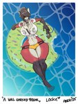 anthro big_breasts breasts clothing covered_eyes female food fur hair hair_over_eyes huge_breasts missing_arm nipples_visible_through_clothing padlocked_collar pool_float popsicle red_body red_fur scar solo swimwear thick_thighs wide_hips anuki locke_revolver ailurid mammal red_panda hi_res