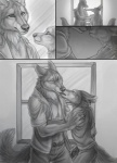 5_fingers anthro belt bottomwear canid canine canis clothed clothing comic detailed_background duo ears_back eyes_closed fingers fully_clothed fur greyscale hand_on_shoulder kissing larger_male love male male/male mammal marcus_(rukis) monochrome open_clothing open_shirt open_topwear pants pivoted_ears reis romantic romantic_couple rukis shirt size_difference smaller_male tail teeth tongue tongue_out topwear window wolf