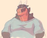 anthro belly black_body black_scales clothing horn male musclegut muscular muscular_male orange_body orange_scales scales shirt solo t-shirt topwear yellow_eyes chibsarts mythology chiderg dragon mythological_creature mythological_scalie scalie hi_res