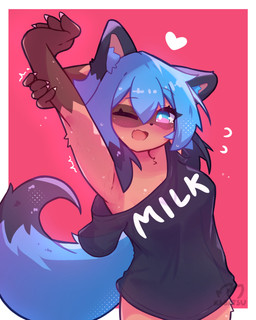 anthro blue_hair blush bodily_fluids breasts brown_body brown_fur clothing dipstick_tail facial_markings female fur gloves_(marking) hair head_markings looking_at_viewer markings mask_(marking) one_eye_closed open_mouth red_background shirt simple_background smile solo stretching sweat tail tail_markings topwear kabatsu brand_new_animal studio_trigger michiru_kagemori canid canine mammal raccoon_dog tanuki 2024 absurd_res digital_media_(artwork) hi_res