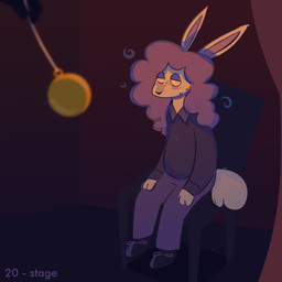 ambiguous_gender anthro chair clothing collared_shirt curly_hair dress_shirt furniture hair hypnosis mind_control pendulum ringed_eyes shirt sitting stage topwear ofthestarlesssea morgan_(ofthestarlesssea) lagomorph leporid mammal rabbit hi_res nonbinary_(lore)