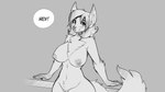 anthro areola biped casual_nudity female genitals grey_background nipples nude pussy railing simple_background smile solo speech_bubble watsup canid canine fox mammal 16:9 2024 greyscale monochrome widescreen