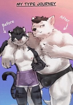 anthro arrow_sign balls black_hair blue_eyes duo flaccid genitals glans gradient_background green_eyes hair male male/male nipples nude penis simple_background smile smiling_at_another solo standing striped_body stripes text white_body stampmats summer_paradise_(fvn) edric_(summer_paradise_fvn) gabe_(summer_paradise_fvn) canid canine canis domestic_dog felid mammal pantherine tiger animated english_text timelapse