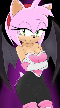 accessory antenna_hair anthro armor armwear back_wings bodysuit breastplate breasts cleavage clothed clothing cosplay coy elbow_gloves eyelashes female gloves green_eyes hair handwear headband membrane_(anatomy) membranous_wings nub_tail pink_head pointed_tail pointy_ears prick_ears short_hair skinsuit smile smiling_at_viewer thick_eyelashes tight_clothing wings lemlim22 sega sonic_the_hedgehog_(series) amy_rose rouge_the_bat eulipotyphlan hedgehog mammal absurd_res hi_res signature