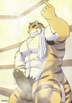 abs anthro balls bodily_fluids casual_erection erection fur genital_fluids genitals humanoid_genitalia humanoid_hands humanoid_penis male muscular muscular_anthro muscular_male navel nipples nude pecs penis sauna solo stripes tower nimonotaka felid mammal pantherine tiger low_res