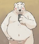4_fingers anthro belly black_claws black_nose blush claws electronics fangs fingers front_view fur grey_background head_tuft male monotone_body monotone_fur moobs nave nude overweight overweight_anthro overweight_male phone simple_background smile solo teeth tuft white_body white_fur garouzuki bear mammal polar_bear ursine 2025 hi_res portrait three-quarter_portrait