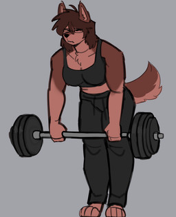 anthro clothed clothing exercise eyewear fluffy glasses gynomorph intersex muscular solo weights commanderthings commander_(commanderthings) canid canine canis mammal wolf hi_res