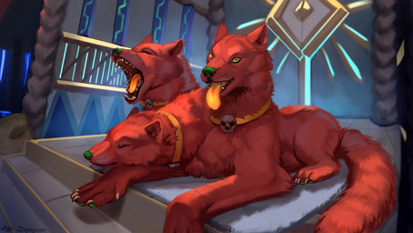 3_heads ambiguous_gender claws collar detailed_background digitigrade feral fur gate green_eyes green_nose green_pawpads multi_head open_mouth orange_tongue pawpads quadruped red_body red_fur sleeping solo toe_claws tongue tongue_out yawn zephyxus european_mythology greek_mythology hades_(game) mythology cerberus_(hades) canid canid_demon canine cerberus demon hellhound mammal mythological_canine mythological_creature 2025 digital_media_(artwork)