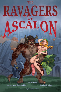 4_ears 4_horns animal_genitalia animal_penis anthro axe biped breasts brown_body brown_fur carrying_another claws digitigrade duo erection female female_on_anthro fur genitals holding_axe holding_object horn human_on_anthro interspecies knot knotted_penis larger_anthro larger_male male male/female male_on_human multi_ear multi_horn multicolored_body multicolored_fur muscular muscular_anthro muscular_male nipples nude_anthro nude_male paws penis pink_nipples poster_design size_difference smaller_female smaller_human text toe_claws vulva deeaquifolium guild_wars charr felid human mammal 2026 digital_media_(artwork) english_text hi_res