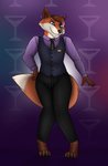 anthro bartender bottomwear clothed clothing femboy hair_dye looking_at_viewer male name_tag necktie pants shirt smile smiling_at_viewer solo suit suit_pants topwear uniform lovemummification sam_alfred canid canine fox mammal absurd_res hi_res