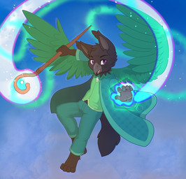 action_scene anthro back_wings beak biped black_body black_feathers bottomwear clothed clothing coat ear_tuft eyebrows feathered_wings feathers front_view green_clothing green_jacket green_topwear head_tuft holding_object holding_staff jacket looking_at_viewer magic magic_user male pants solo staff tongue topwear tuft wings jamesfoxbr ambiguous_species avian bird 2026 hi_res