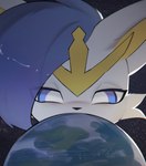 anthro blue_eyes blue_hair cosmic_background fur hair loom macro planet size_difference space space_background white_body white_fur ti-suger nintendo pokemon cindey_cinderace cinderace generation_8_pokemon lagomorph leporid mammal pokemon_(species) rabbit absurd_res hi_res