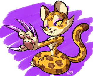 4_fingers anthro claws countershading eyeshadow female fingers fur makeup open_mouth pawpads paws purple_eyes simple_background sitting solo thick_thighs tuft wide_hips rongs1234 kirby_(series) nintendo clawroline felid feline leopard mammal pantherine 2022 signature