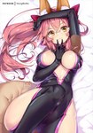 alternative_fashion bed big_breasts bodysuit bow_ribbon breasts clothing cute_pose eyewear female fluffy fluffy_ears fluffy_tail furniture glasses hair huge_breasts long_hair lying lying_on_bed navel on_bed pink_hair pose skinsuit solo tail tight_clothing yellow_eyes hong_(white_spider) fate_(series) type-moon koyanskaya_(fate) animal_humanoid canid canid_humanoid canine canine_humanoid fox fox_humanoid humanoid mammal mammal_humanoid pinup