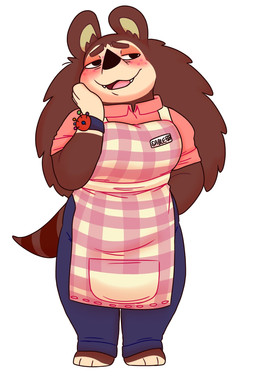 anthro apron barefoot big_hair blush bottomwear breasts brown_hair clothed clothing collared_shirt dating_sim denim denim_bottomwear denim_clothing dress_shirt fangs feet female hair half-closed_eyes hand_on_cheek happy jeans lidded_eyes long_hair looking_away love markings name_tag narrowed_eyes open_mouth open_smile pants romantic sewing_needle shirt simple_background smile solo standing striped_markings striped_tail stripes tail tail_markings tailor teeth text topwear white_background wristband gnwired animal_crossing nintendo sable_able eulipotyphlan hedgehog mammal 2025 character_name digital_media_(artwork) full-length_portrait hi_res portrait