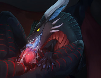 ambiguous_gender animal_genitalia black_body black_scales blue_insides blue_tongue bodily_fluids claws cum cum_in_mouth cum_inside cum_on_face cum_on_penis cum_on_tongue cum_string cyanotic_epithelium duo fellatio feral genital_fluids genital_slit genitals knot male male/ambiguous oral penile penis scales sex spread_legs spreading teeth tongue tongue_out lin_fluffydragon mythology crimson_(ironnidheg) raywing_(lord.raywing) dragon mythological_creature mythological_scalie scalie hi_res