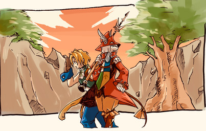 accessory ambiguous_anthro ambiguous_gender anthro bent_arm biped blonde_hair blue_bottomwear blue_clothing blue_pants bottomwear brown_tail clothed clothed_ambiguous clothed_anthro clothed_humanoid clothed_male clothing coat cravat detailed_background duo evening fingers fully_clothed fully_clothed_ambiguous fully_clothed_anthro fully_clothed_humanoid fully_clothed_male furgonomics hair hand_on_hip hat headgear headwear holding_melee_weapon holding_object holding_polearm holding_spear holding_weapon legwear male male_humanoid melee_weapon open_mouth outside pants plant polearm post red_clothing red_coat red_hat red_headwear red_topwear ribbons shirt_cuffs sky snout spear standing tail tail_accessory tail_ribbon topwear tree weapon white_hair yellow_tail uni-6 final_fantasy final_fantasy_ix square_enix freya_crescent zidane_tribal animal_humanoid burmecian humanoid mammal mammal_humanoid monkey_humanoid primate primate_humanoid rodent 2025 absurd_res digital_drawing_(artwork) digital_media_(artwork) hi_res shaded