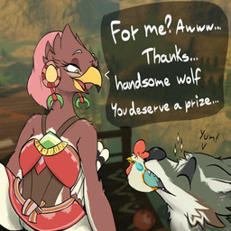 anthro beak clothing duo female feral hair male screencap screencap_background smile text toony wings urefunest breath_of_the_wild nintendo the_legend_of_zelda twilight_princess frita_(tloz) link_(wolf_form) avian bird canid canine canis cucco mammal rito wolf 1:1 2025 hi_res