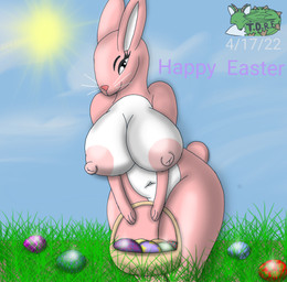 3_fingers anthro basket container easter_egg egg female field fingers fur holding_basket holding_container holding_object holiday_message holidays multicolored_body multicolored_fur nipples pink_body pink_fur pink_nipples short_tail solo sun tail text thick_thighs two_tone_body two_tone_fur white_body white_fur thestardergfox easter easter_bunny lagomorph leporid mammal rabbit english_text