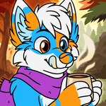 3_fingers anthro asymmetrical_coloring autumn beverage blue_body blue_fur candy chocolate coffee container cup dessert fingers food forest forest_background fur heterochromia hot_chocolate male mug nature nature_background orange_body orange_fur plant scarf solo steam tongue tongue_out tree unnatural_colors white_body white_fur oggythefox briggan canid canine fox mammal red_fox true_fox 1:1 2_frame_animation 2d_animation animated hi_res short_playtime