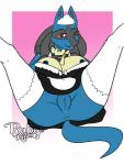 anthro anus big_breasts blue_body breasts clothed clothing female genitals maid_uniform nipples presenting presenting_anus presenting_pussy pussy red_eyes simple_background solo spread_legs spreading text uniform rubykila nintendo pokemon canid canine generation_4_pokemon lucario mammal pokemon_(species) 2019 digital_media_(artwork) hi_res