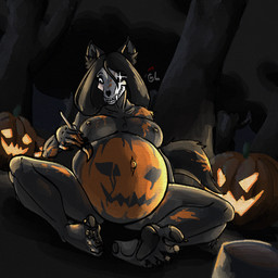 anthro belly big_belly black_body black_fur black_hair bone breasts brush female food fruit fur hair holding_object holidays huge_belly hyper hyper_belly hyper_pregnancy jack-o'-lantern looking_at_viewer navel nipples nude outie_navel paint paintbrush painting_(action) pawpads paws plant pregnant pregnant_anthro pregnant_female pumpkin skull skull_head smile solo tail barneyroosterplus18 halloween scp_foundation scp-1471-a canid canine malo mammal 1:1 digital_media_(artwork)