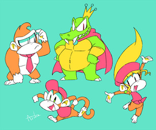 anthro blonde_hair brown_body brown_fur cape clothing crown female fur green_eyes group hair hat headgear headwear long_hair male muscular muscular_male necktie open_mouth open_smile pecs red_eyes sharp_teeth slightly_chubby smile teeth toony ajuka donkey_kong_(series) nintendo diddy_kong dixie_kong donkey_kong_(character) king_k._rool ape haplorhine kremling mammal monkey primate scalie 2019 6:5 signature