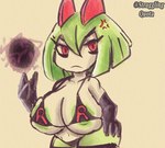 areola areola_slip big_breasts bikini bikini_top breasts clothing female gloves green_areola handwear huge_breasts short_stack simple_background solo swimwear two-piece_swimsuit upset white_body strugglingquota nintendo pokemon team_rocket generation_3_pokemon humanoid kirlia pokemon_(species) hi_res