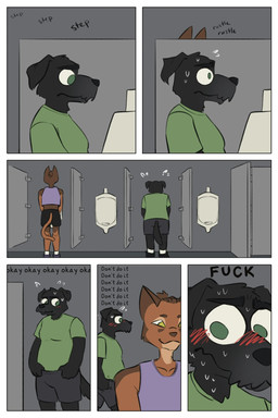 anthro bathroom biped blush bodily_fluids bottomwear clothing crop_top duo male male/male male_anthro nervous public shirt shorts sweat topwear urinal urinal_peeking demilittleguy dave_(demilittleguy) james_(demilittleguy) canid canine canis domestic_cat domestic_dog felid feline felis mammal comic hi_res