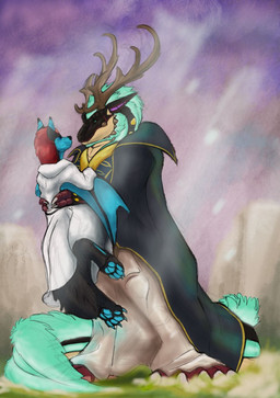anthro antlers background_shot claws clothing cybernetics duo fur glowing glowing_body glowing_eyes glowing_fur horn machine male male/male size_difference deckarddragoon mythology sacrificial_princess_and_the_king_of_beasts deckard_dragoon ghostfox canid canine cyborg dragon fox mammal mythological_canine mythological_creature mythological_scalie scalie vampire werecanid werecanine werecreature werewolf hi_res