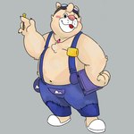 anthro belly clothing humanoid_hands male navel one_eye_closed overalls overweight overweight_male pink_nose simple_background solo tongue tongue_out wink unatazaamarilla breeze_in_the_clouds pile_(breeze_in_the_clouds) american_black_bear bear black_bear kermode_bear mammal ursine 1:1 2021