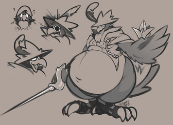 4_toes ambiguous_gender anisodactyl anthro anthrofied avian_feet beak belly big_belly biped bodily_fluids bottomwear claws clothed clothing digitigrade feathered_wings feathers feet front_view fully_clothed grey_background holding_object huge_hips huge_thighs looking_at_viewer navel obese obese_ambiguous obese_anthro open_beak open_clothing open_mouth open_smile open_topwear overweight overweight_ambiguous overweight_anthro pokemorph scutes simple_background skimpy smile smiling_at_viewer solo standing sweat sweatdrop tail tail_feathers thick_thighs toe_claws toes tongue topwear wide_eyed wide_hips wings scottred nintendo pokemon avian bird corvid corvus_(genus) generation_2_pokemon murkrow oscine passerine pokemon_(species) 2021 absurd_res dated digital_media_(artwork) full-length_portrait greyscale headshot_portrait hi_res monochrome multiple_images portrait signature sketch male_(lore)