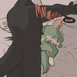 5_fingers animal_genitalia approval bed bedroom black_body blush blushing_profusely bodily_fluids bone clothing dialogue erection eyes_closed eyewear fingers footwear footwear_only frill_(anatomy) furniture genital_fluids genital_slit genitals glasses green_body hand_on_wall holding_waist lying lying_on_bed male male/male mostly_nude nipples on_bed onomatopoeia penetration penis precum size_difference skull skull_head slit_penetration slit_play slitfluid socks socks_only sound_effects speech_bubble sudden_penetration tail text thrust_lines thrusting thrusting_forward wearing_glasses yellow_frill luvamisguilty luvam_(luvamisguilty) maeryn_(luvamisguilty) demon lizard reptile scalie sleep_paralysis_demon 1:1 hi_res