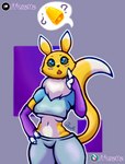 anthro black_nose blue_eyes breasts clothed clothing dipstick_tail female fur looking_up markings navel open_mouth solo tail tail_markings under_boob underwear yellow_body yellow_fur foxette bandai_namco digimon canid digimon_(species) mammal renamon hi_res