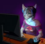 anthro biped breasts clothed clothing computer electronics female fur hair headgear headphones headset sitting smile solo lunarii canid canine mammal digital_media_(artwork) shaded