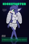 anthro barefoot blue_body blue_ears blue_fur blue_tail breasts chest_tuft clothed clothing dialogue feathered_clothing feathered_wings feathers feet female fluffy_ears fur green_eyes green_text midriff multicolored_body solo tail text tuft white_body white_fur wings w0lfmare bloodline_(webcomic) kickstarter ember_(bloodline) canid canine canis mammal wolf 2024 2:3 english_text hi_res