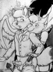 anthro balls blush duo feathered_wings feathers genitals halo heart_symbol male male/male membrane_(anatomy) membranous_wings open_mouth penis penis_grab spade_tail tail undressing_another wings germainethevixen enwood_the_fox jublenarris angel canid canine demon fox mammal hi_res monochrome