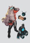 bottomwear clothing cyberpunk eye_black food kemono machine male mechanic pants streetwear wolfanine anonymous_character canid canine canis mammal robot wolf absurd_res hi_res