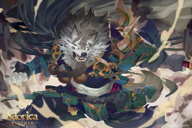 5_fingers alternate_color angry anthro armor barazoku beads beard biped black_nose bottomwear brown_body brown_fur claws clothed clothing eyebrows facial_hair fingers fur grey_body grey_eyebrows grey_fur hand_wraps holding_object holding_weapon humanoid_hands mace male melee_weapon multicolored_body multicolored_fur muscular muscular_anthro muscular_male prayer_beads solo thick_eyebrows topwear two_tone_body two_tone_fur unconvincing_armor weapon wraps null-ghost sdorica law_(sdorica) canid canine canis mammal wolf hi_res official_art