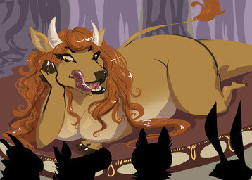 anthro audience breasts female group licking licking_lips lying nude nude_in_front_of_audience obese on_front overweight self_lick solo_focus stage tongue tongue_out deervvitch bovid bovine cattle mammal