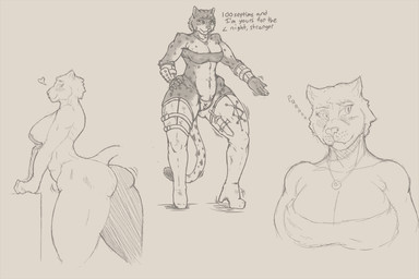 anthro big_breasts big_butt biped blush breasts butt cleavage clothed clothing dagger female footwear heart_symbol high_heels jewelry legwear melee_weapon necklace nude prostitution shoes simple_background skimpy solo text thick_thighs weapon wide_hips signirsol microsoft the_elder_scrolls felid khajiit mammal english_text monochrome sketch