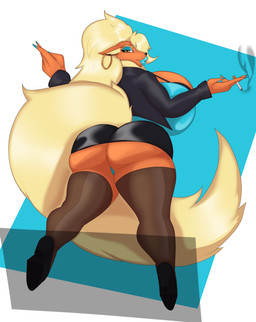 anthro big_breasts big_butt blonde_hair blue_lips breasts butt cigarette clothed clothing ear_piercing ear_ring female footwear hair high_heels huge_breasts legwear lips panties piercing ring_piercing shoes smoking thigh_highs underwear pillowymounds nintendo pokemon flarita eeveelution flareon generation_1_pokemon pokemon_(species)