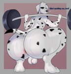 anthro anus backsack balls big_butt bodily_fluids butt dialogue ear_piercing ear_ring exercise femboy genitals green_eyes looking_back male nude piercing ring_piercing solo sweat tail weightlifting workout manguin canid canine canis dalmatian domestic_dog mammal absurd_res hi_res